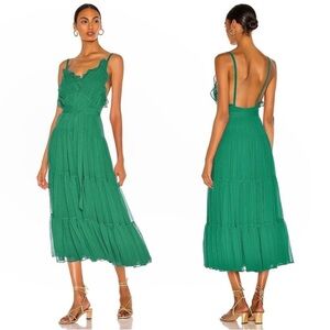 NWT ALEXIS Tasha Tiered Ruffle Belted Midi Slip Gown Dress in Palm Green